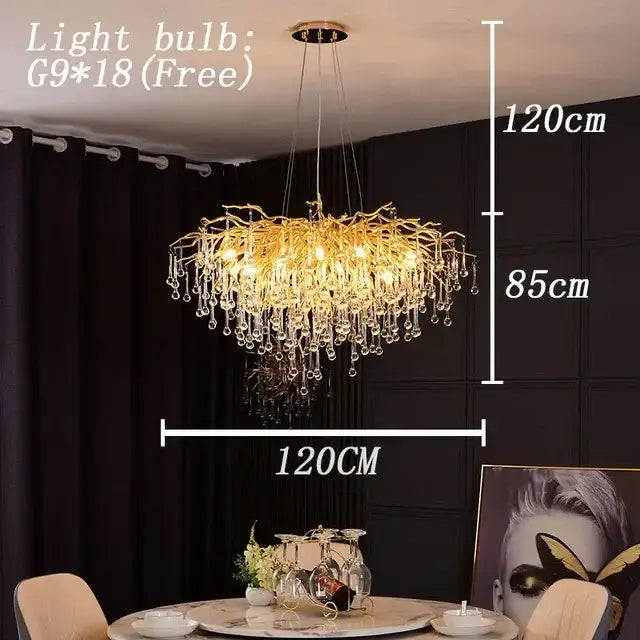 Golden crystal branch chandelier led living room ceiling light