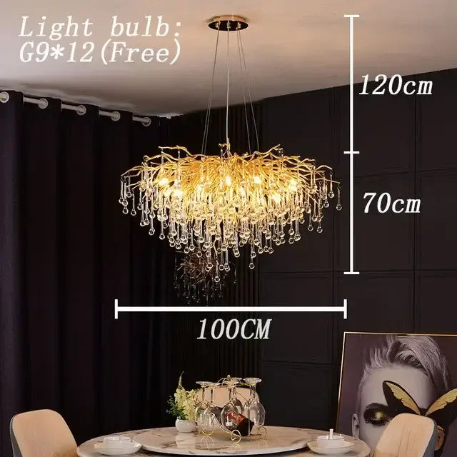 Golden crystal branch chandelier led living room ceiling light