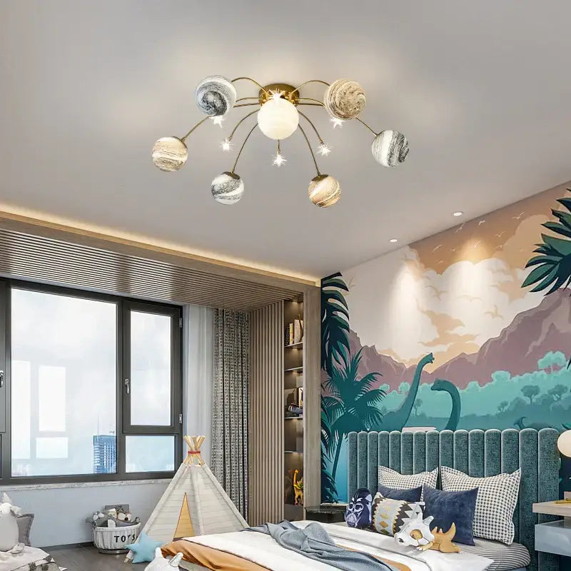 Golden glass ball planet chandelier for kids room and living room