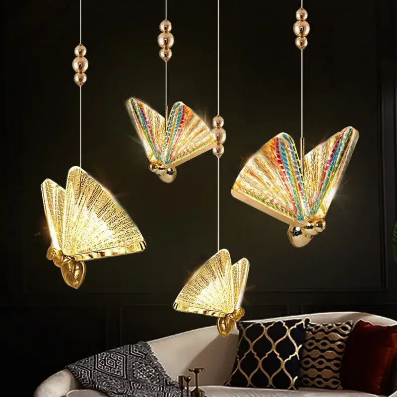Golden iridescent butterfly pendant light for living room