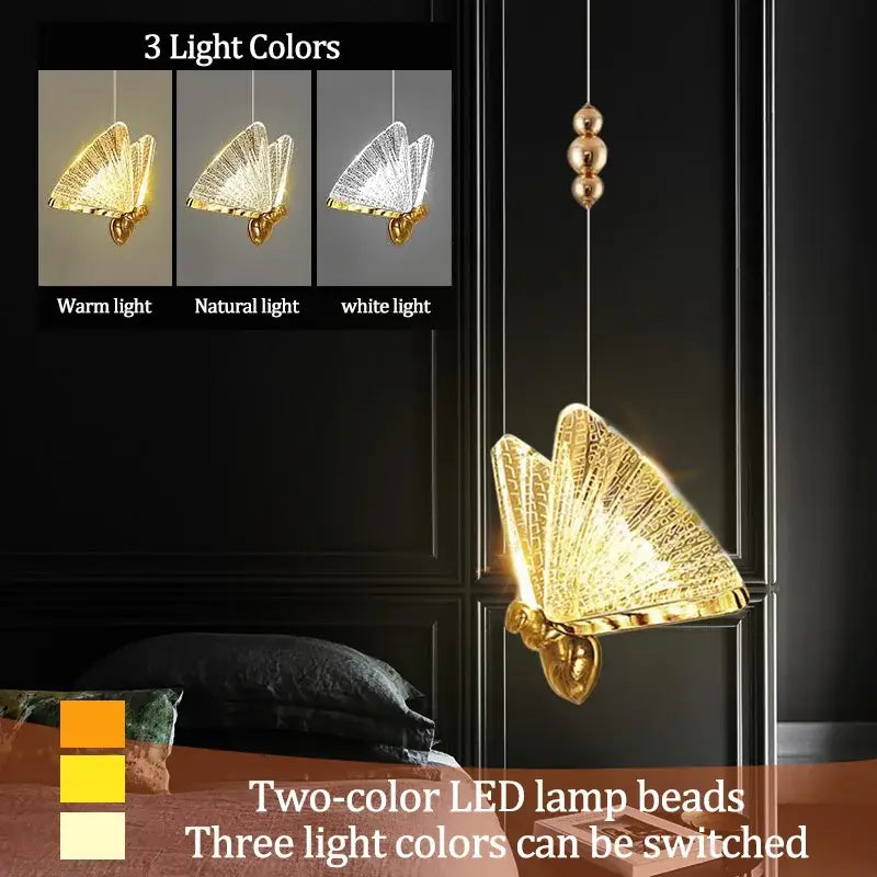 Golden iridescent butterfly pendant light for living room