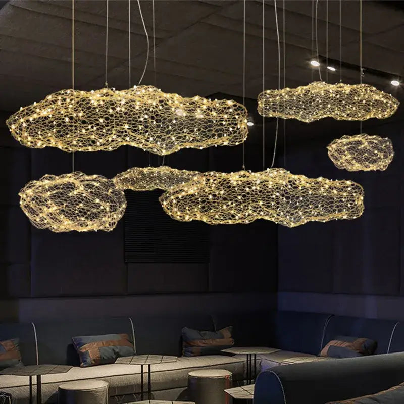 Golden mesh cloud pendant light bedroom warm led decorbites cloud light