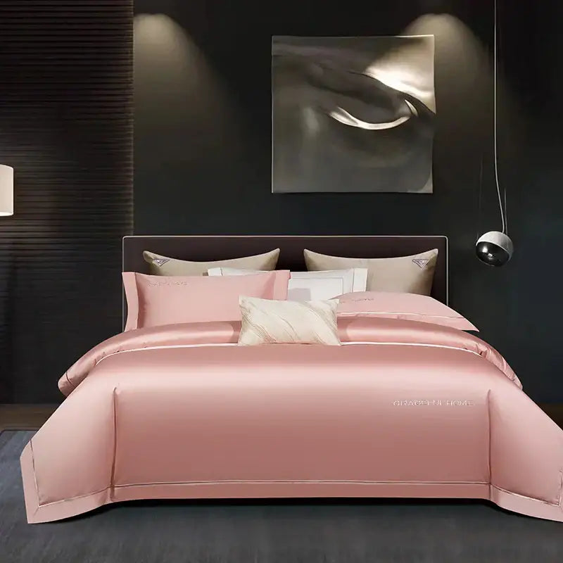 Golden satin egyptian cotton bedding set bedroom embroidery detail