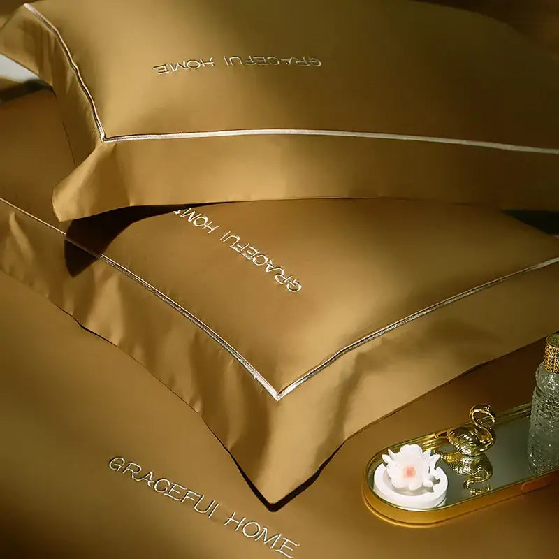 Golden satin egyptian cotton bedding set bedroom embroidery detail