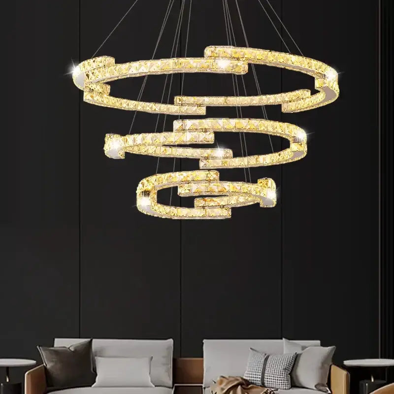 Golden spiral circular crystal pendant light for living room