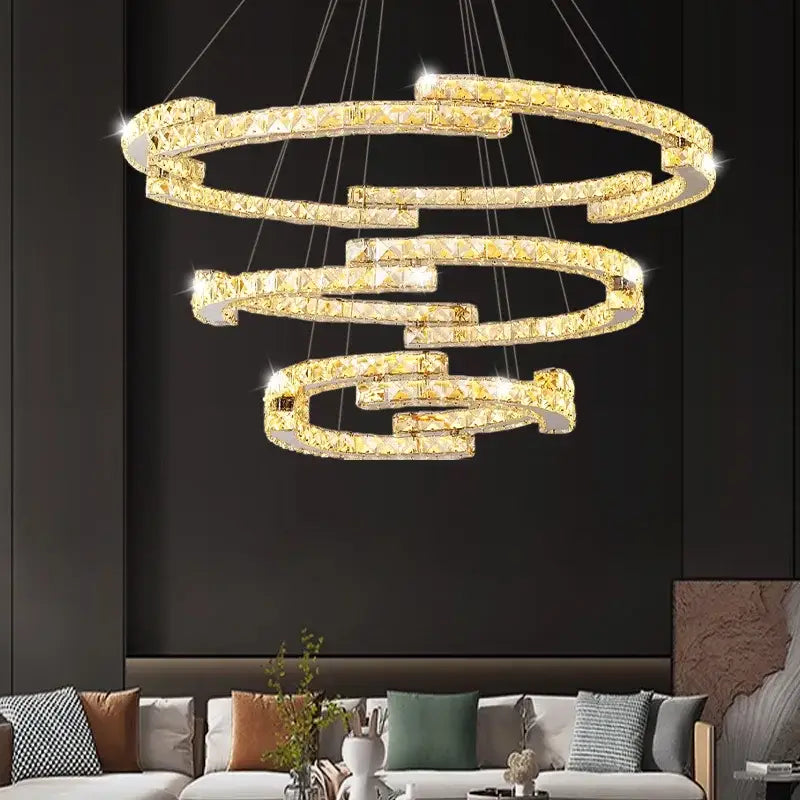 Golden spiral circular crystal pendant light for living room