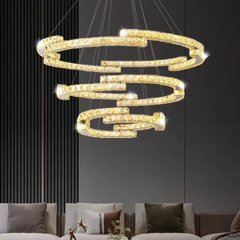Golden spiral circular crystal pendant light for living room