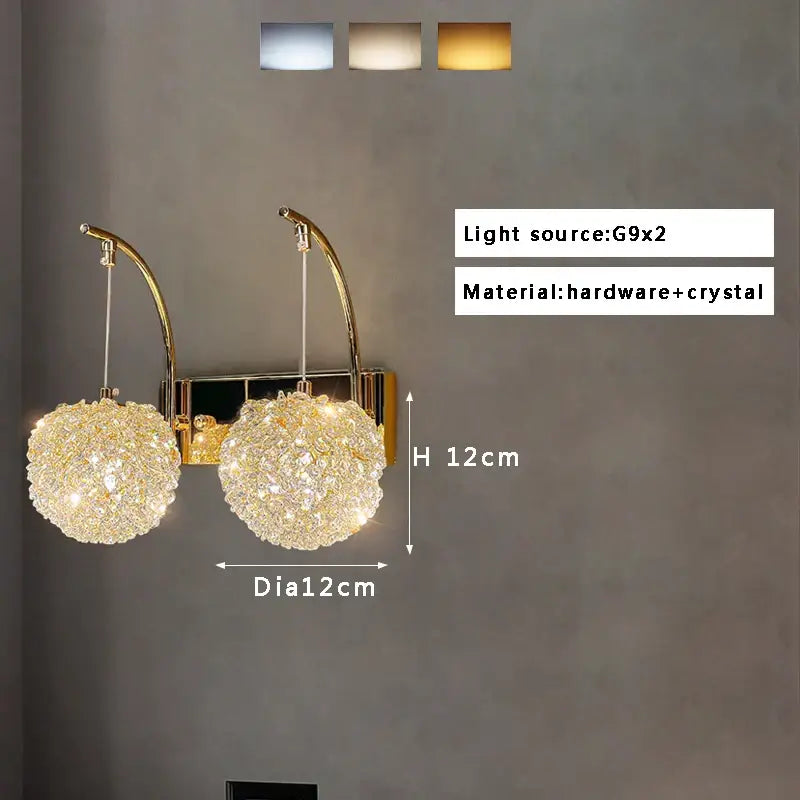 Golden textured glass wall lamp with crystal beads living room