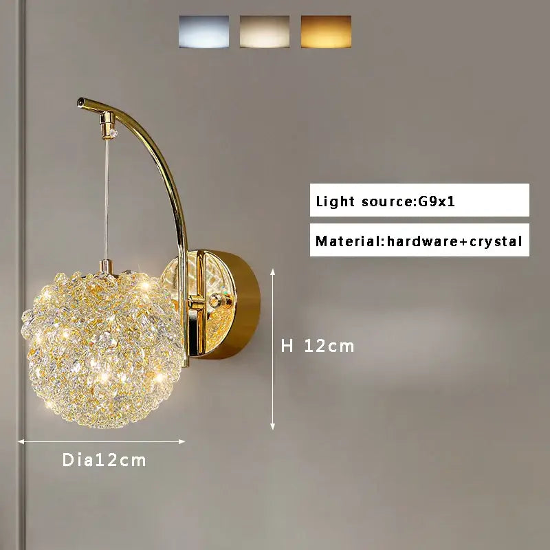 Golden textured glass wall lamp with crystal beads living room