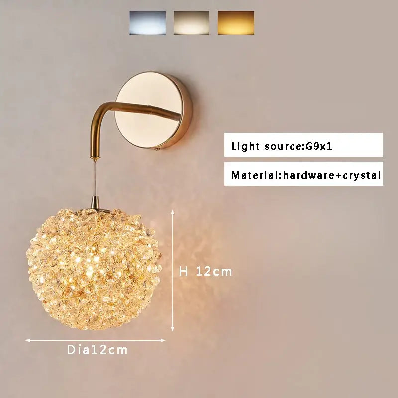 Golden textured glass wall lamp with crystal beads living room