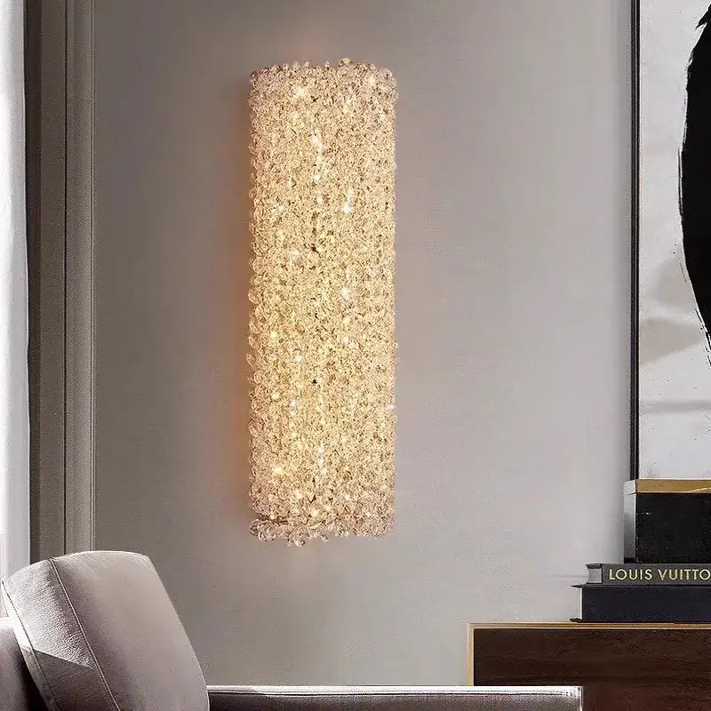 Golden textured glass wall lamp with crystal beads living room