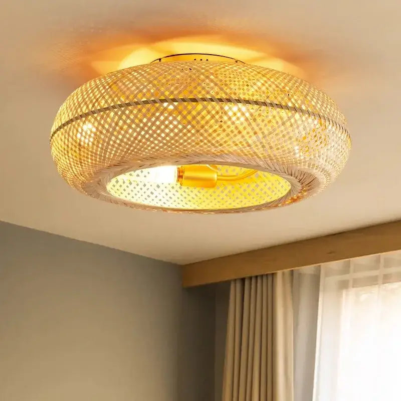 Golden woven bamboo ceiling fan with light bedroom retractable blades
