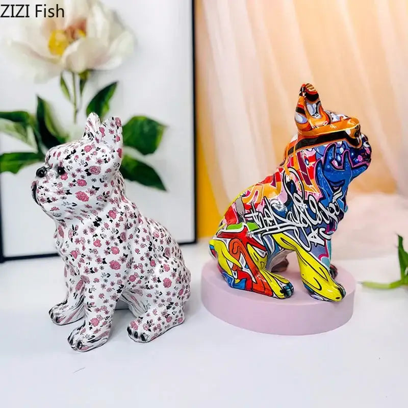 Graffiti & floral bulldog punk art resin sculptures living room decor