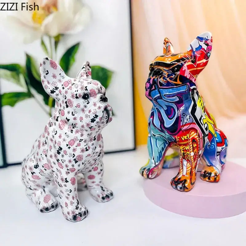 Graffiti & floral bulldog punk art resin sculptures living room decor
