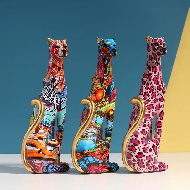 Graffiti leopard resin sculpture living room colorful cat decor