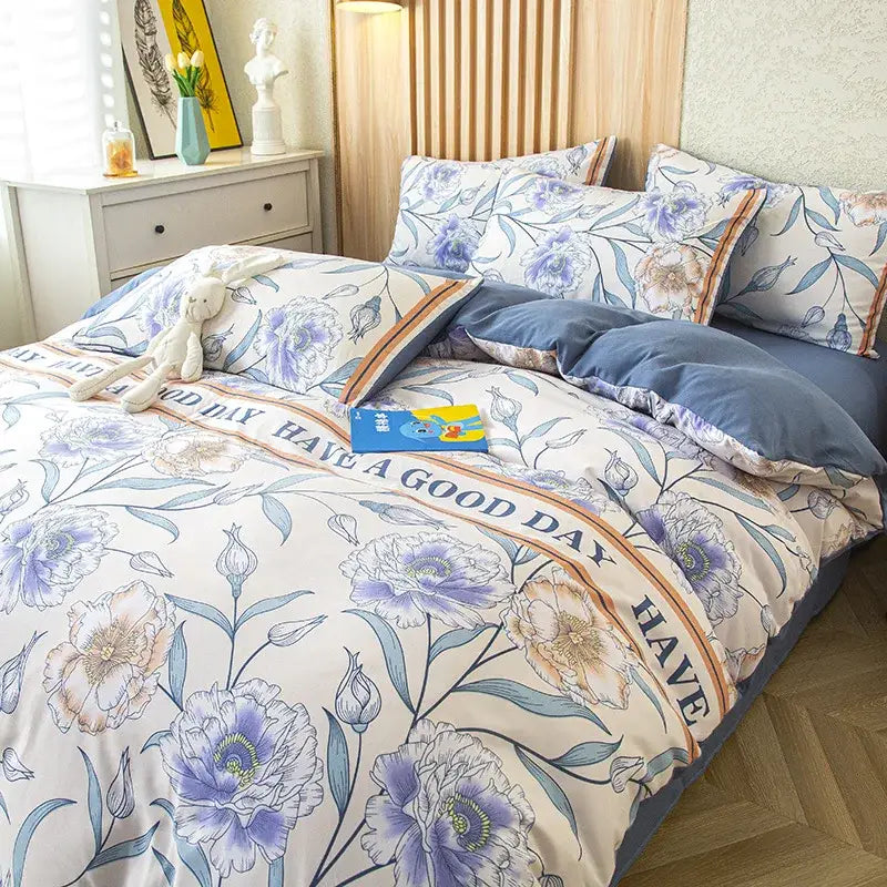 Gray and mustard floral green leaf print bedding set bedroom decor