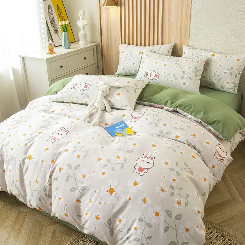 Gray and mustard floral green leaf print bedding set bedroom decor