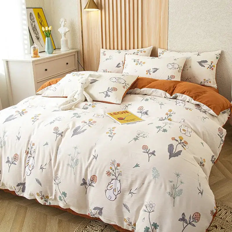Gray and mustard floral green leaf print bedding set bedroom decor