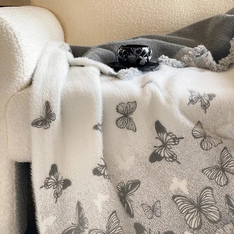 Gray butterfly jacquard imitation mink fur blanket bedroom throw