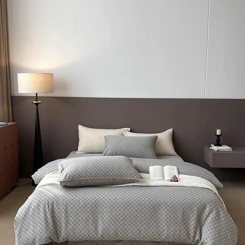 Gray geometric linen cotton jacquard bedding set bedroom decor