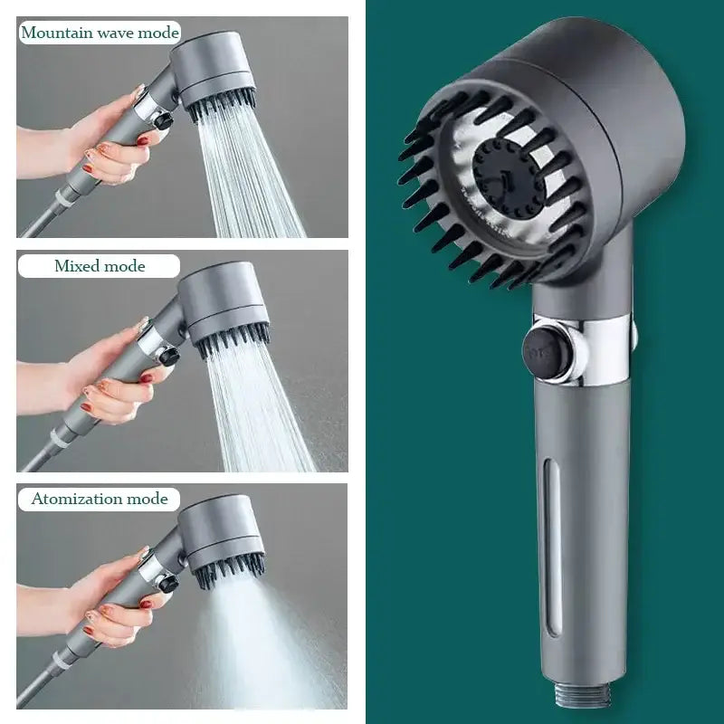 Gray metallic 3-mode handheld shower head bathroom spray nozzle