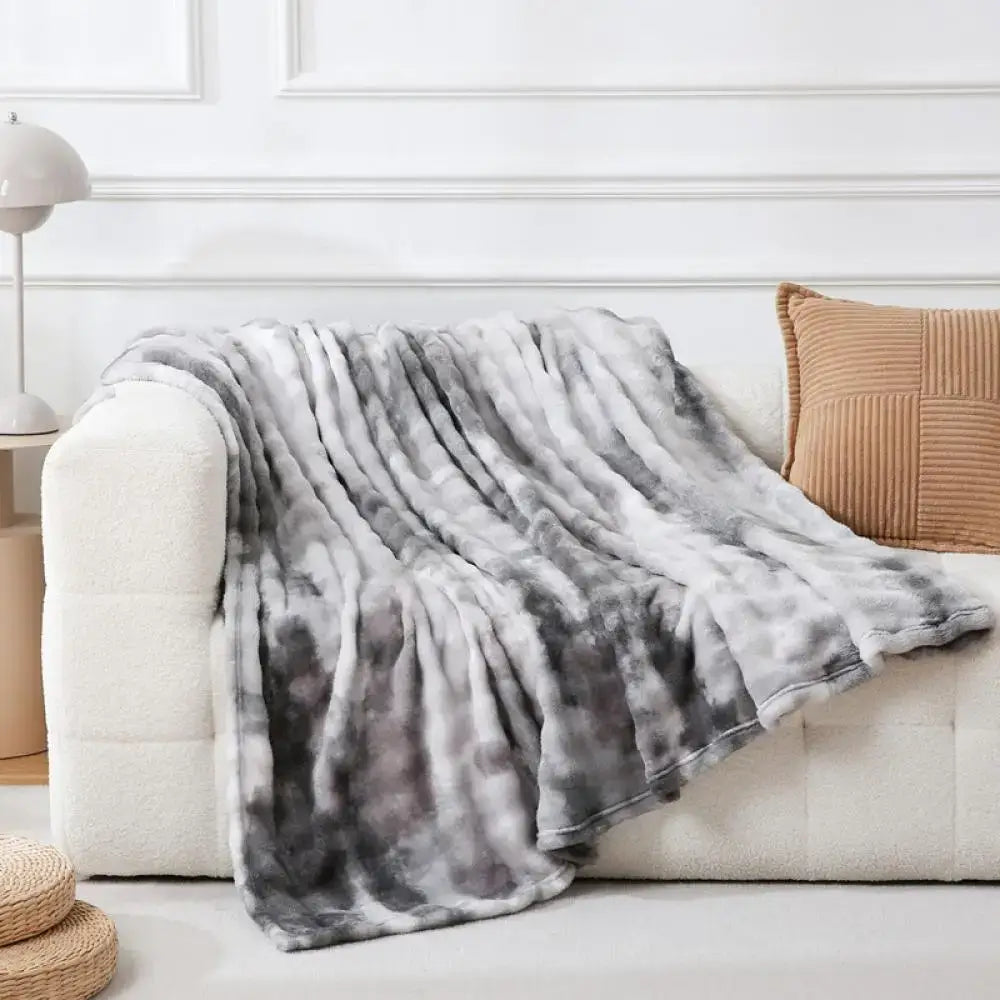 Gray & white tie-dye fuzzy faux fur blanket bedroom throw