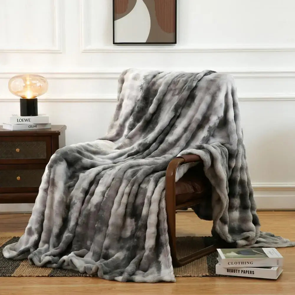 Gray & white tie-dye fuzzy faux fur blanket bedroom throw