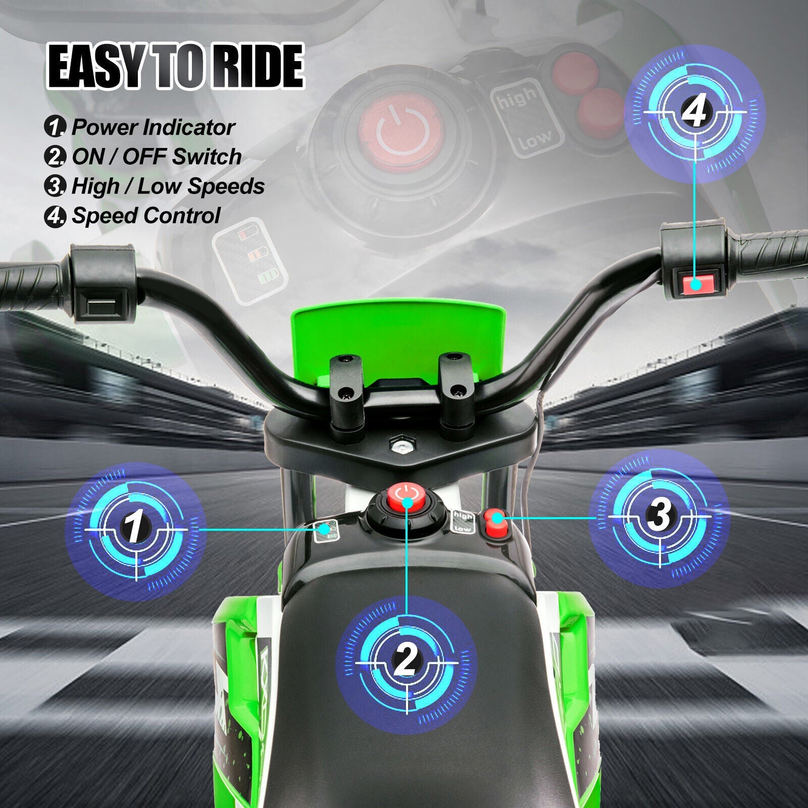 Green 12V Electric Kids Ride-On Motorcycle with Training Wheels