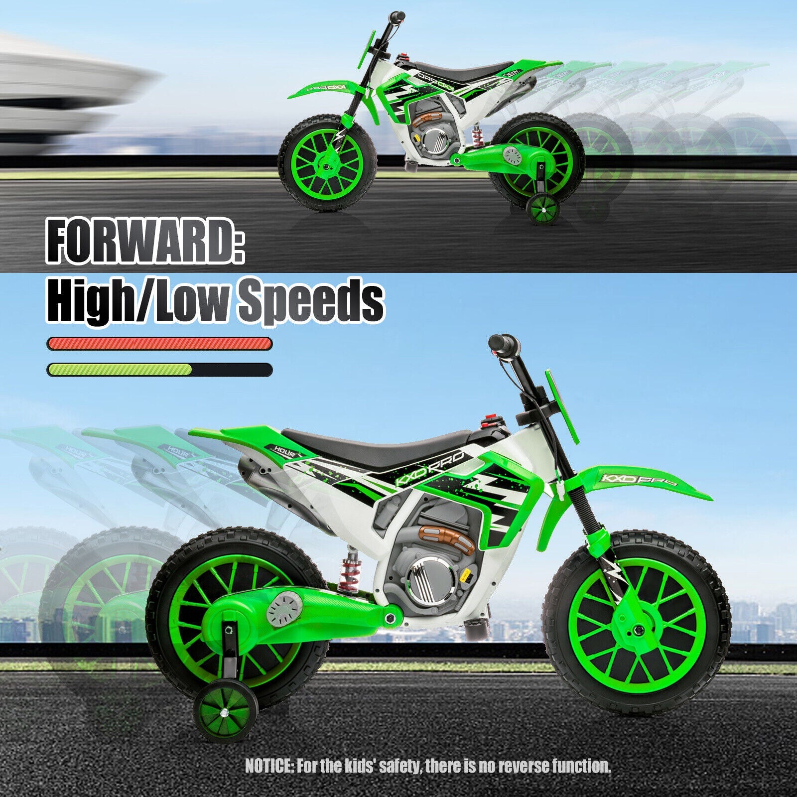 Green 12V Electric Kids Ride-On Motorcycle with Training Wheels
