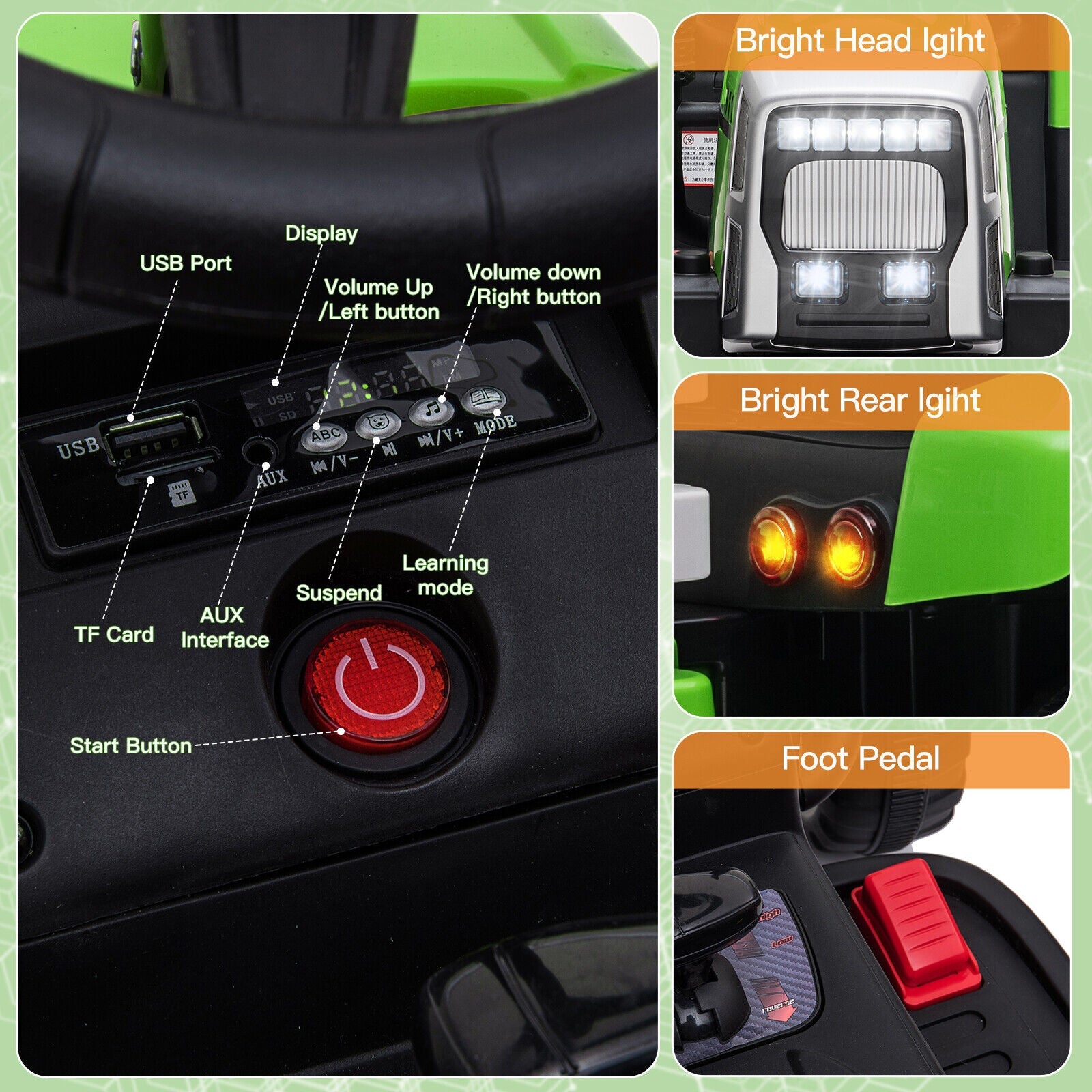 Electric Green Tractor Ride-On Toy for Kids with Remote Control and Trailer - 3 Speed Options