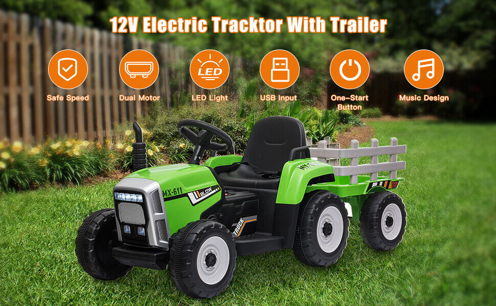 Electric Green Tractor Ride-On Toy for Kids with Remote Control and Trailer - 3 Speed Options
