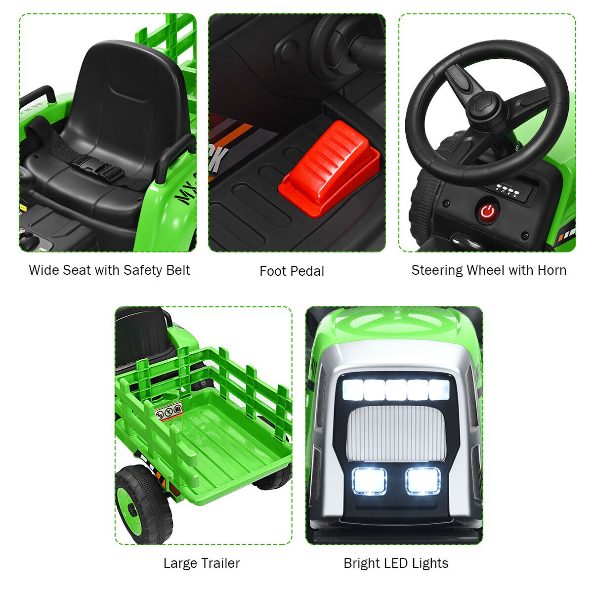 Green 12V Kids Ride On Tractor Trailer with RC Control and Lights