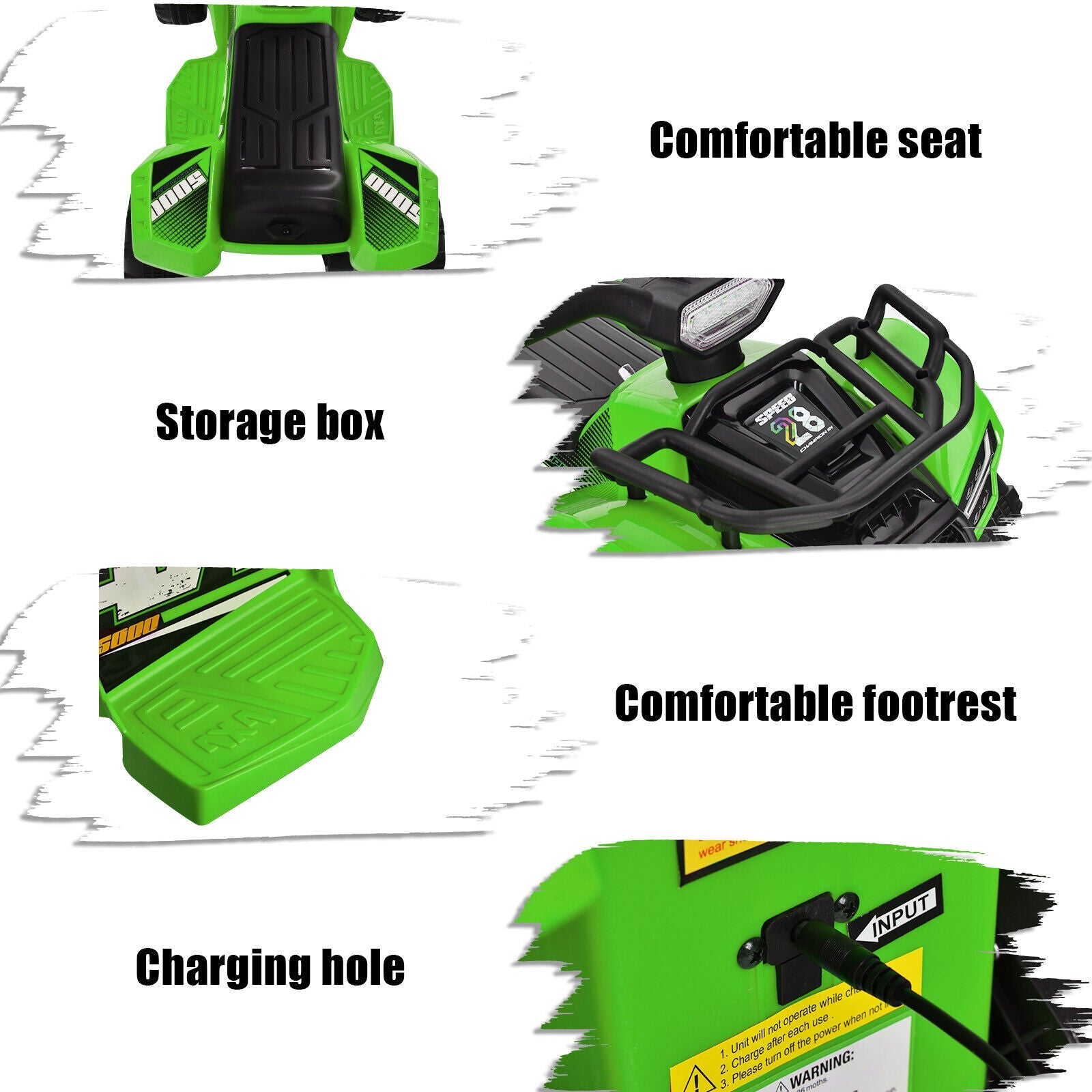 Green 6V Kids ATV Quad Electric Ride On Car Toy with LED Light and MP3 Player for Toddlers