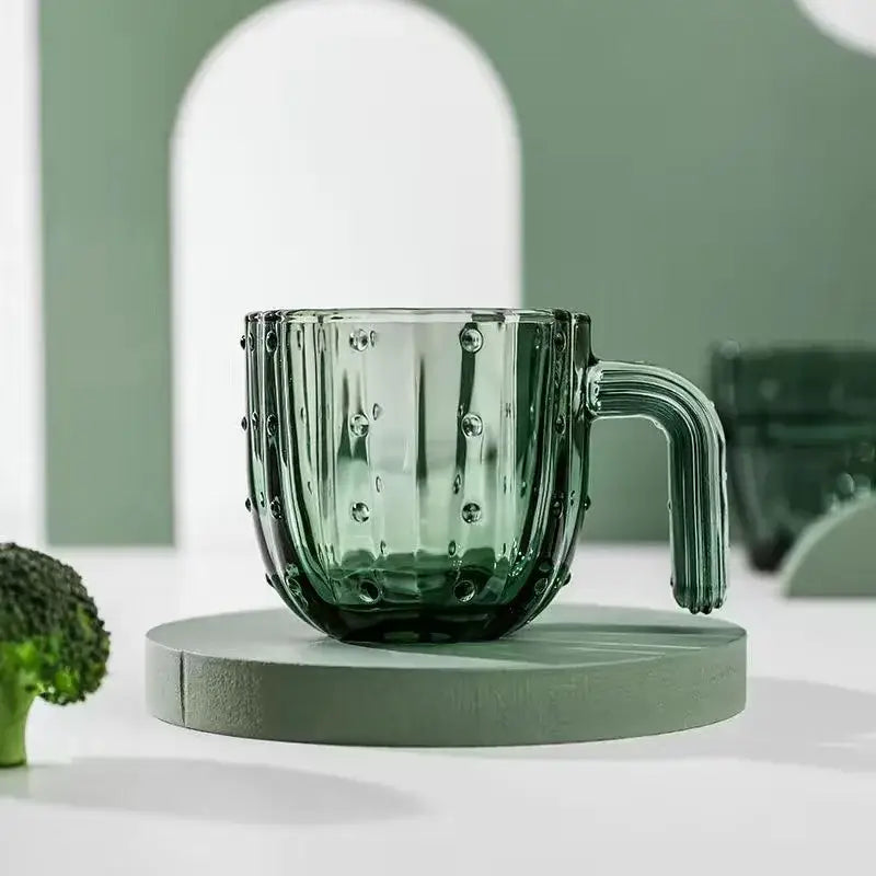 Green cactus glass mug kitchen drinking cup with textured ridges