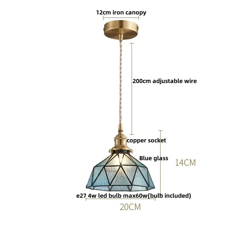 Green glass pendant light with copper canopy for dining room