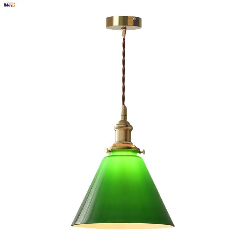 Green glass pendant light with copper canopy for dining room