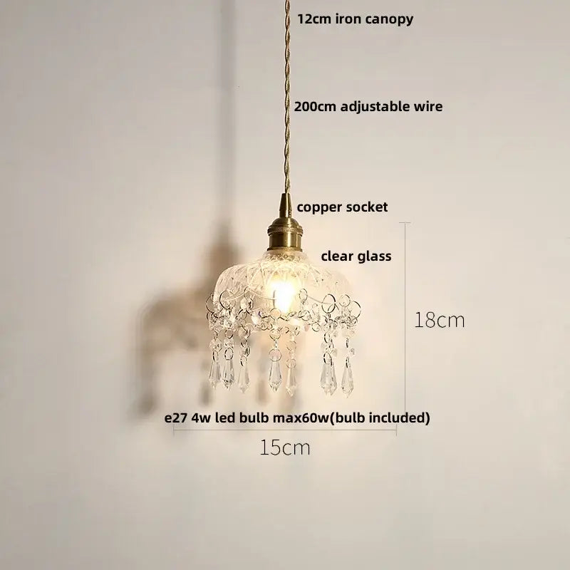 Green glass pendant light with copper canopy for dining room