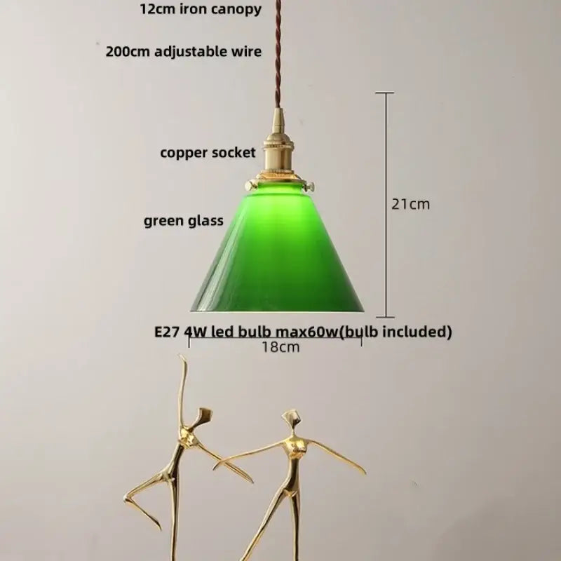 Green glass pendant light with copper canopy for dining room