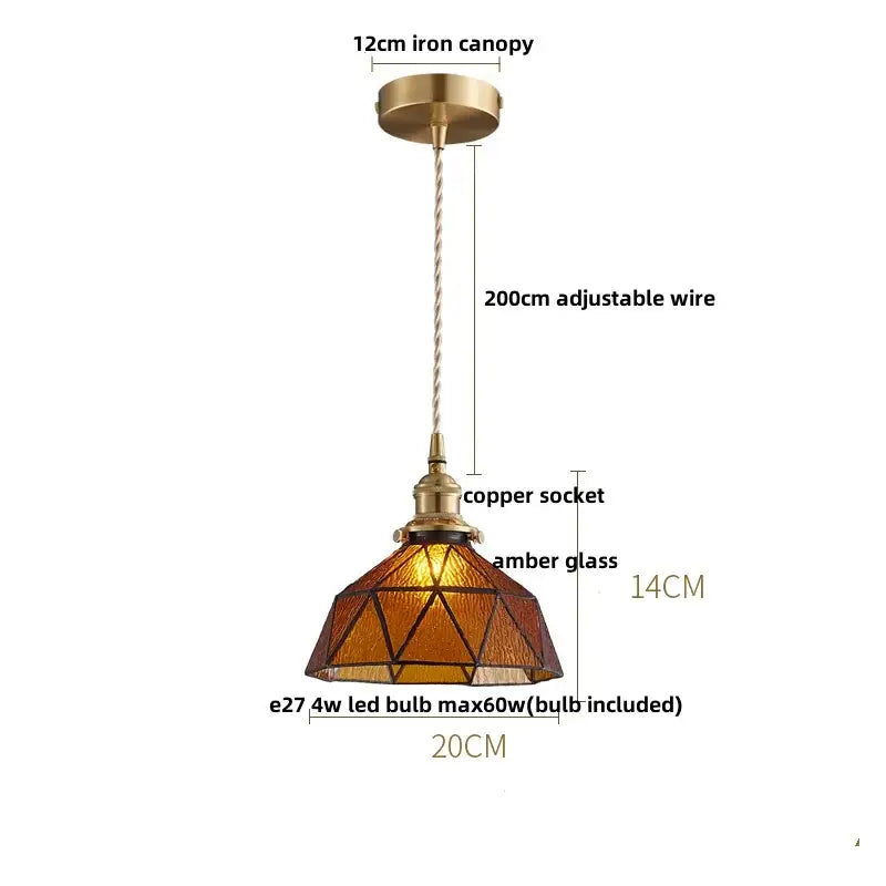 Green glass pendant light with copper canopy for dining room