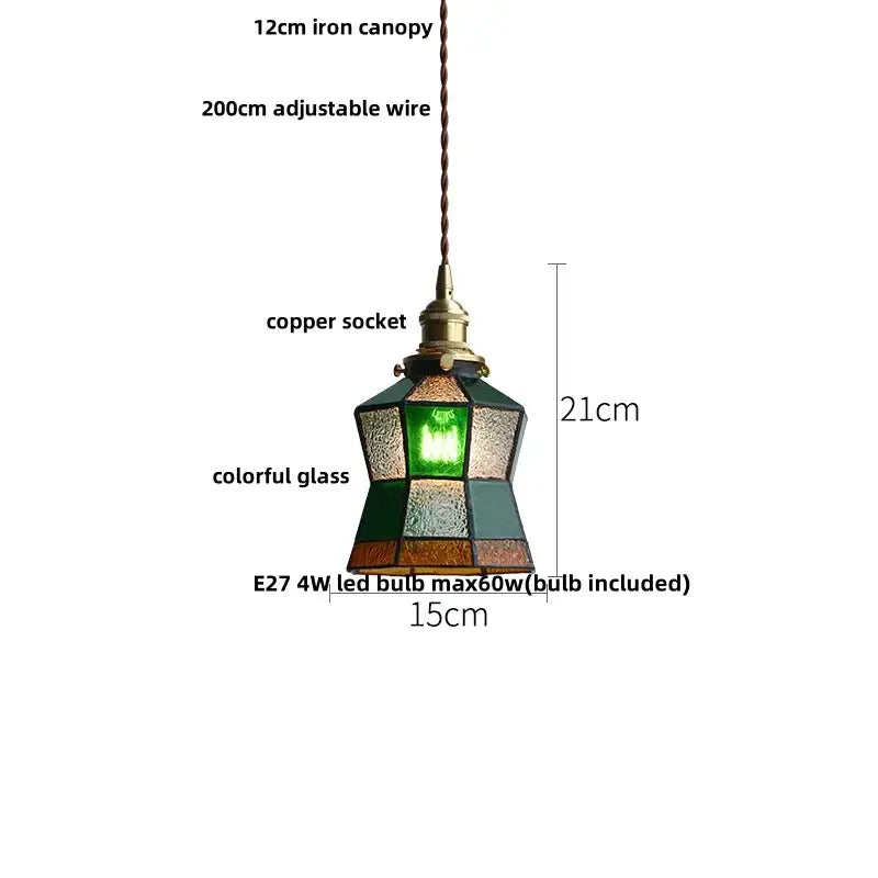Green glass pendant light with copper canopy for dining room