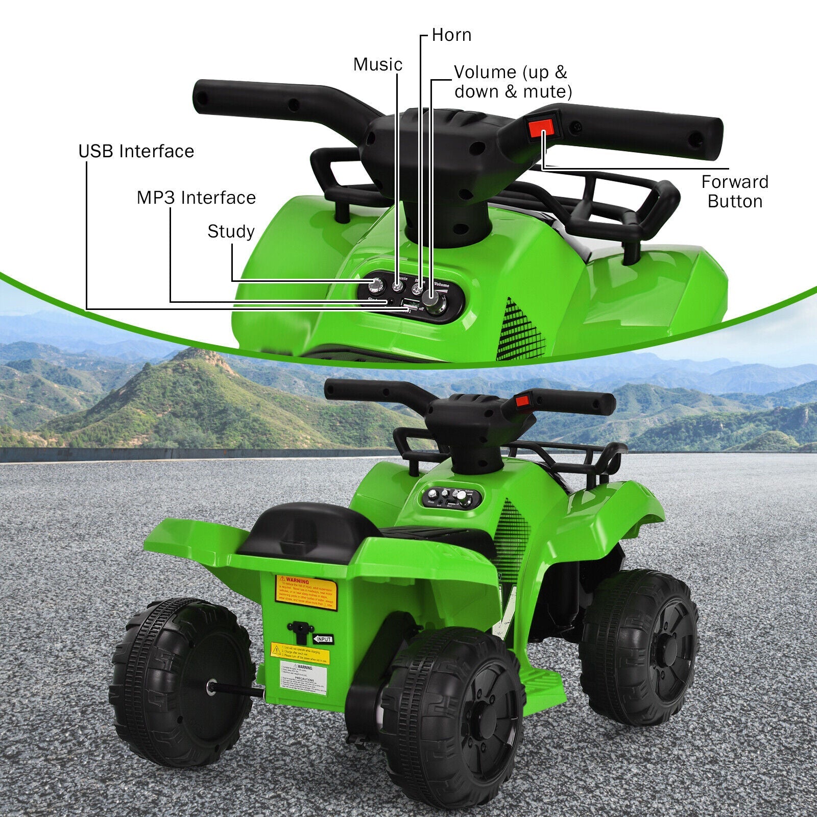 Green 6V ATV Quad Electric Ride On Car Toy for Toddlers with LED Light and MP3 Player