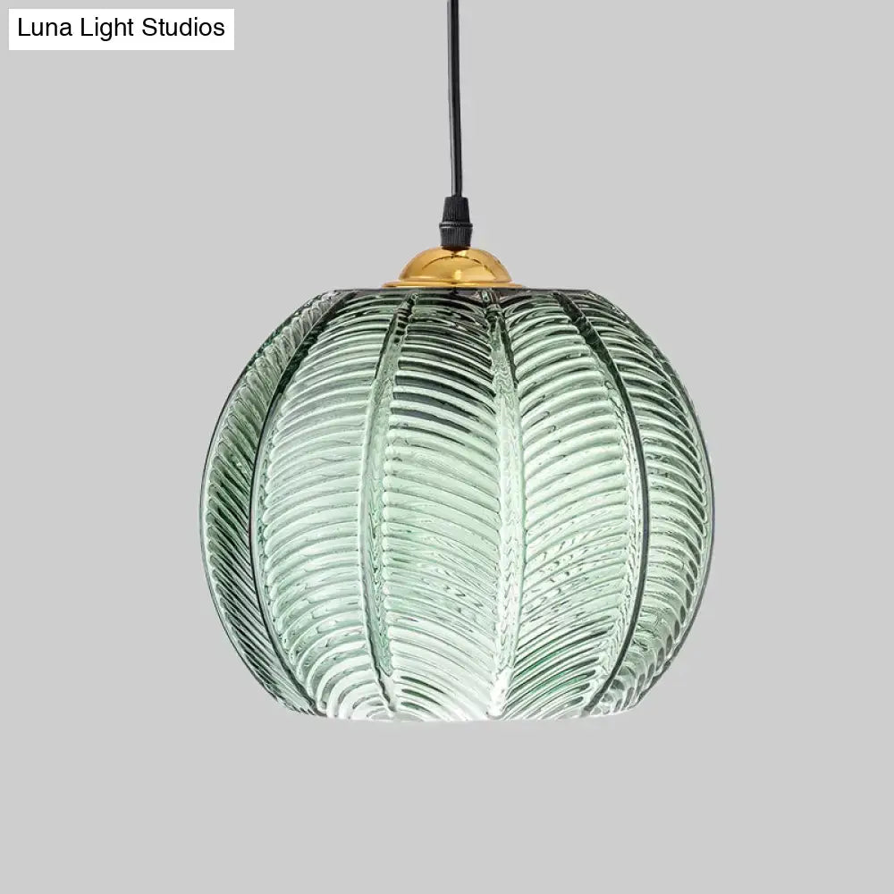 Green ribbed glass pumpkin pendant lamp dining room gold fixture