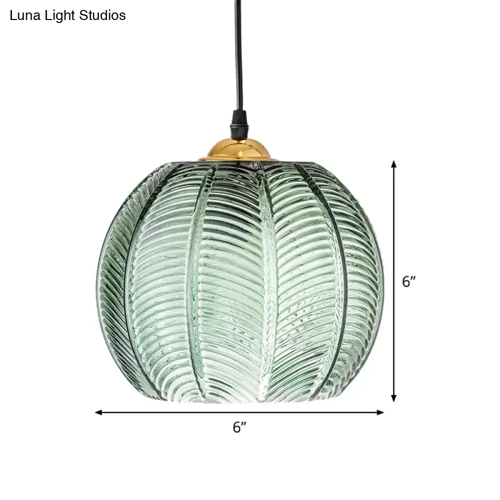 Green ribbed glass pumpkin pendant lamp dining room gold fixture