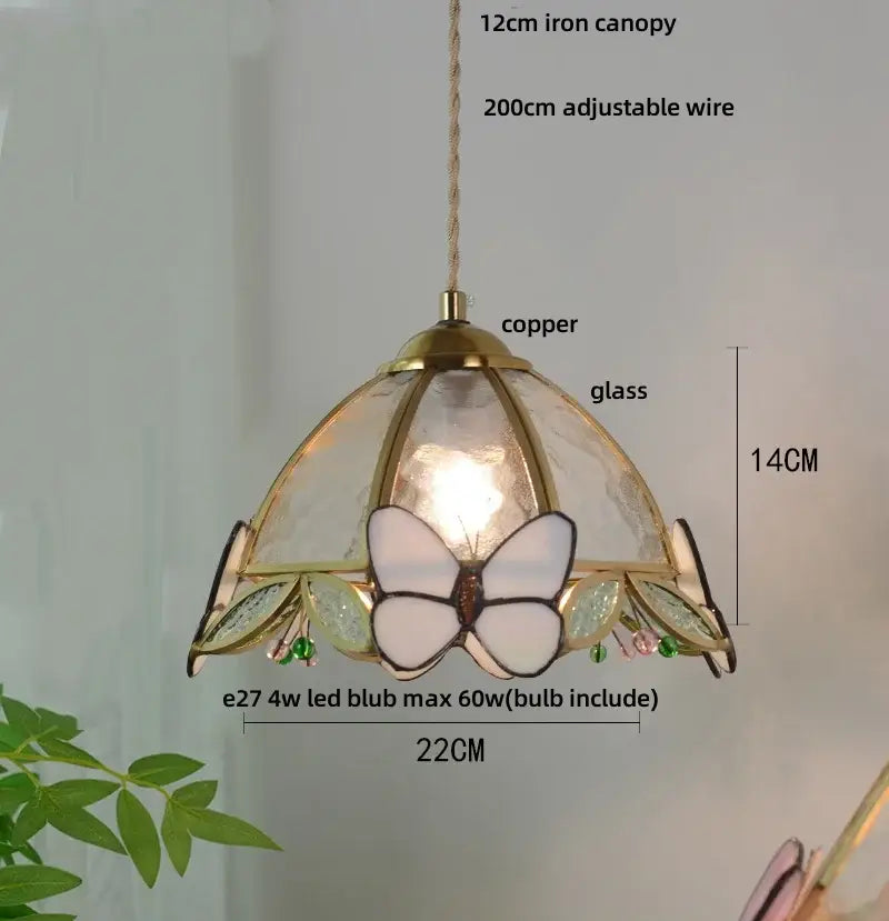 Green stained glass butterfly pendant light bedroom brass accents