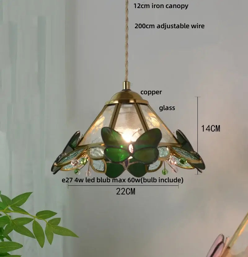 Green stained glass butterfly pendant light bedroom brass accents