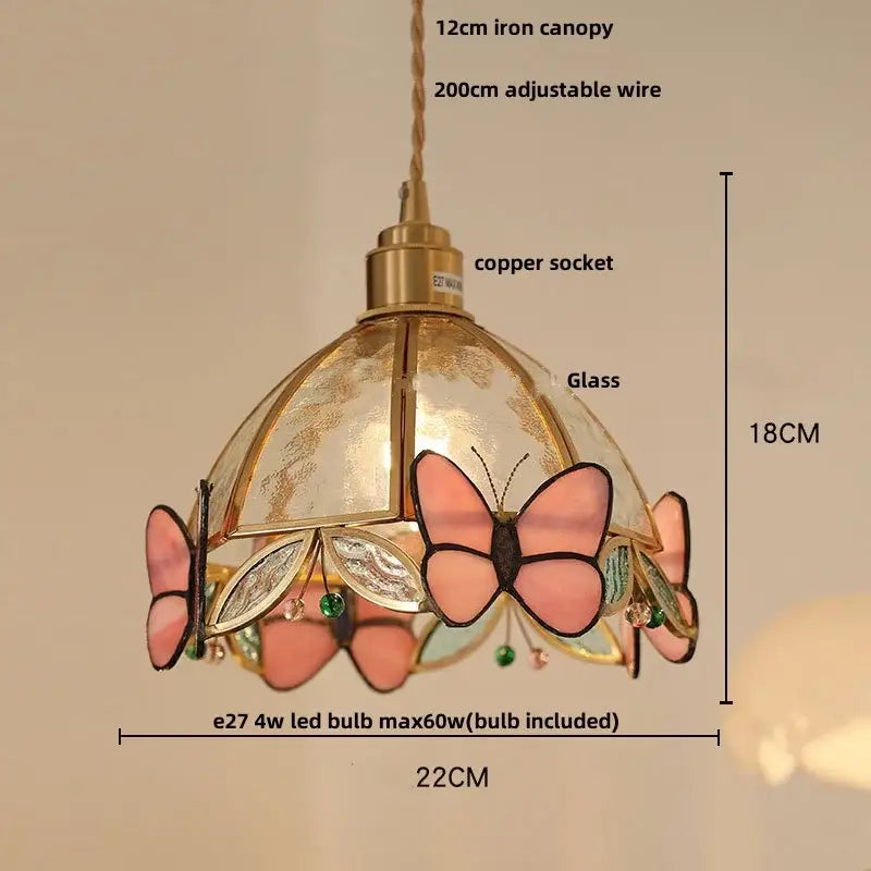 Green stained glass butterfly pendant light bedroom brass accents