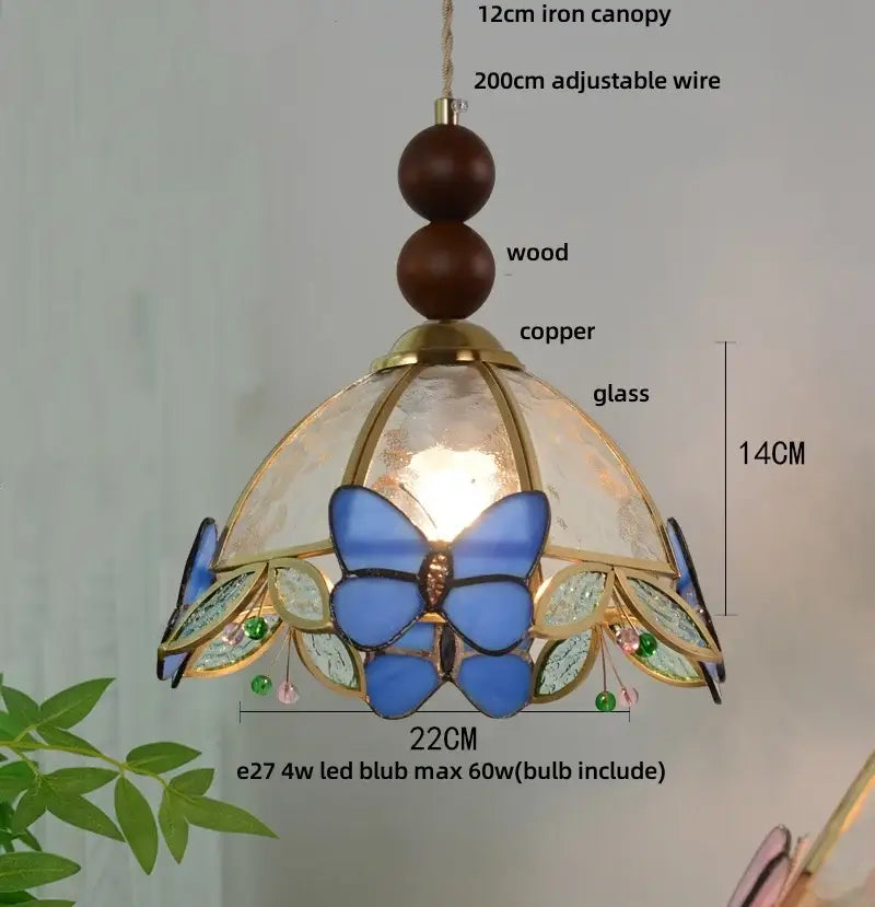 Green stained glass butterfly pendant light bedroom brass accents