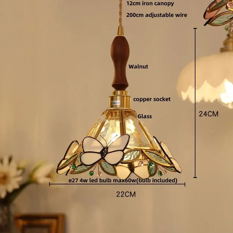 Green stained glass butterfly pendant light bedroom brass accents