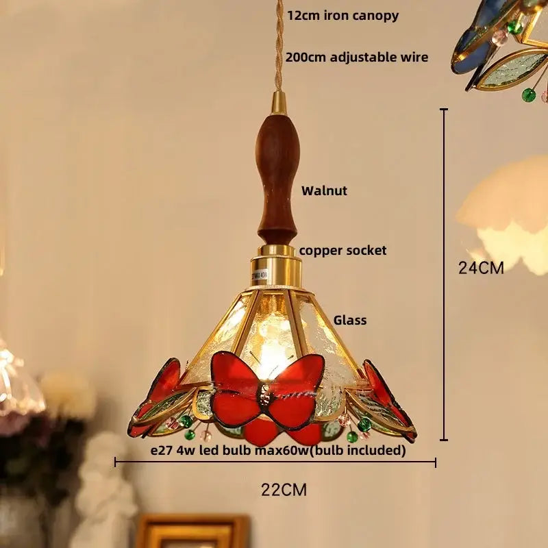 Green stained glass butterfly pendant light bedroom brass accents