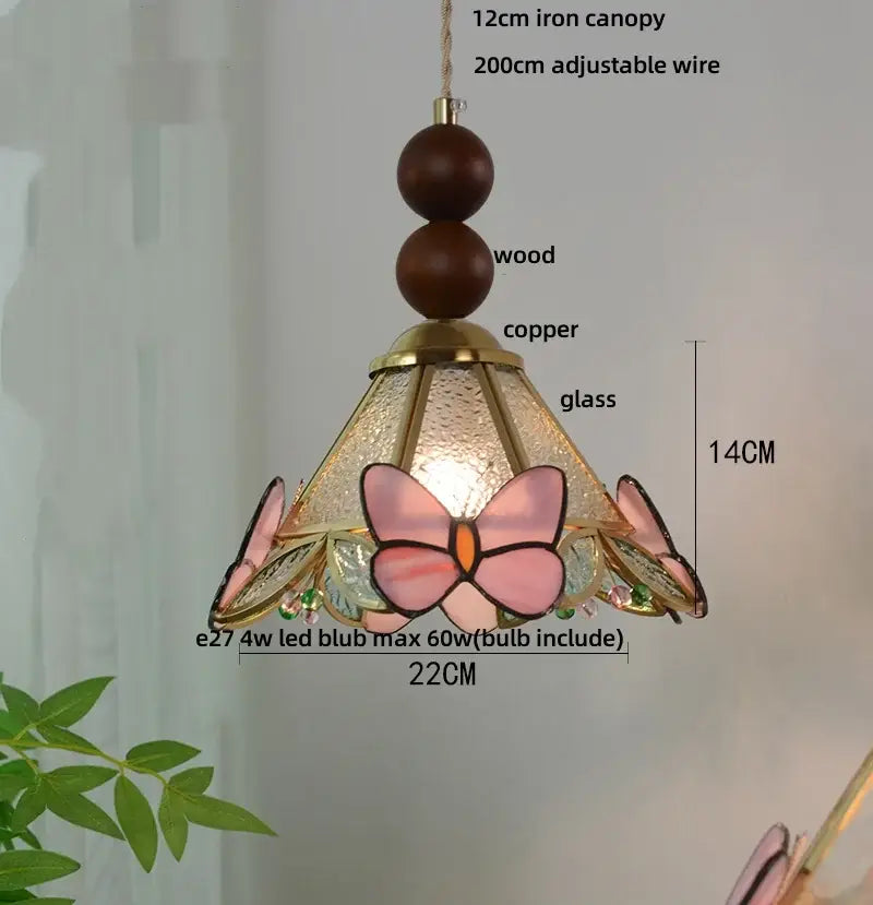 Green stained glass butterfly pendant light bedroom brass accents